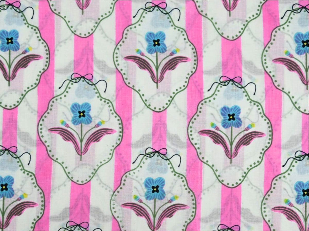 Pink floral cotton fabric by the yard with vintage stripe and mirror-frame design