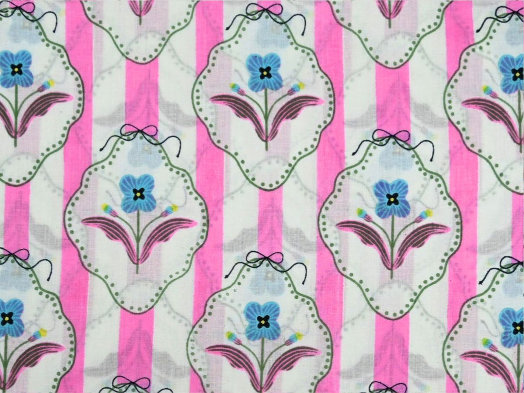 Pink floral cotton fabric by the yard with vintage stripe and mirror-frame design