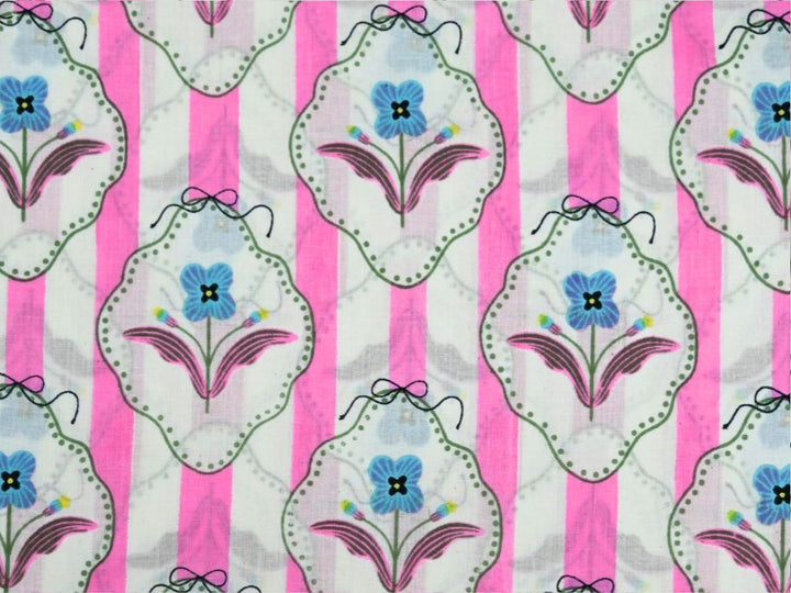 Pink floral cotton fabric by the yard with vintage stripe and mirror-frame design