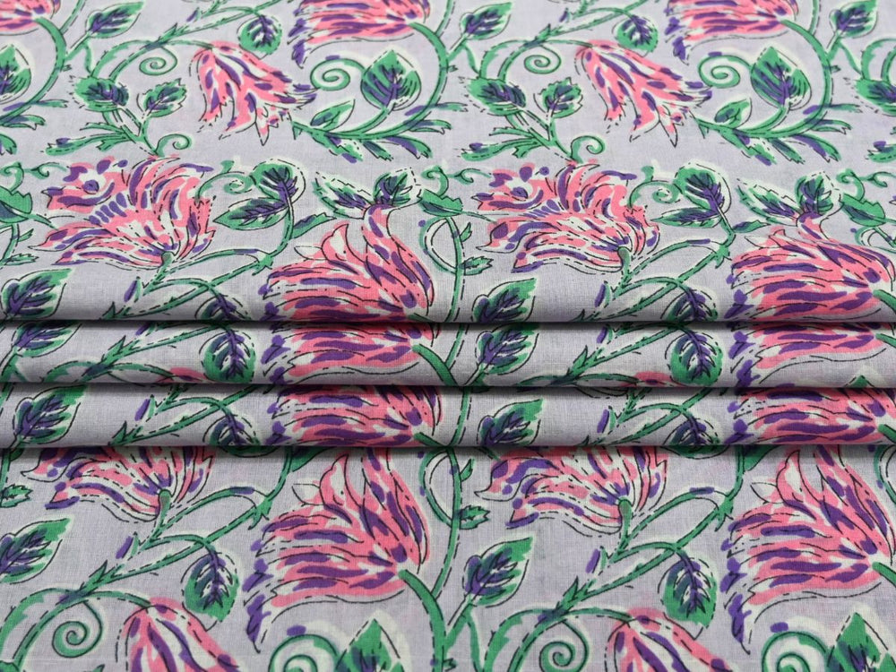 Lavender floral fabric by the yard with pink and purple tulip block print