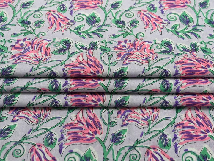Lavender floral fabric by the yard with pink and purple tulip block print