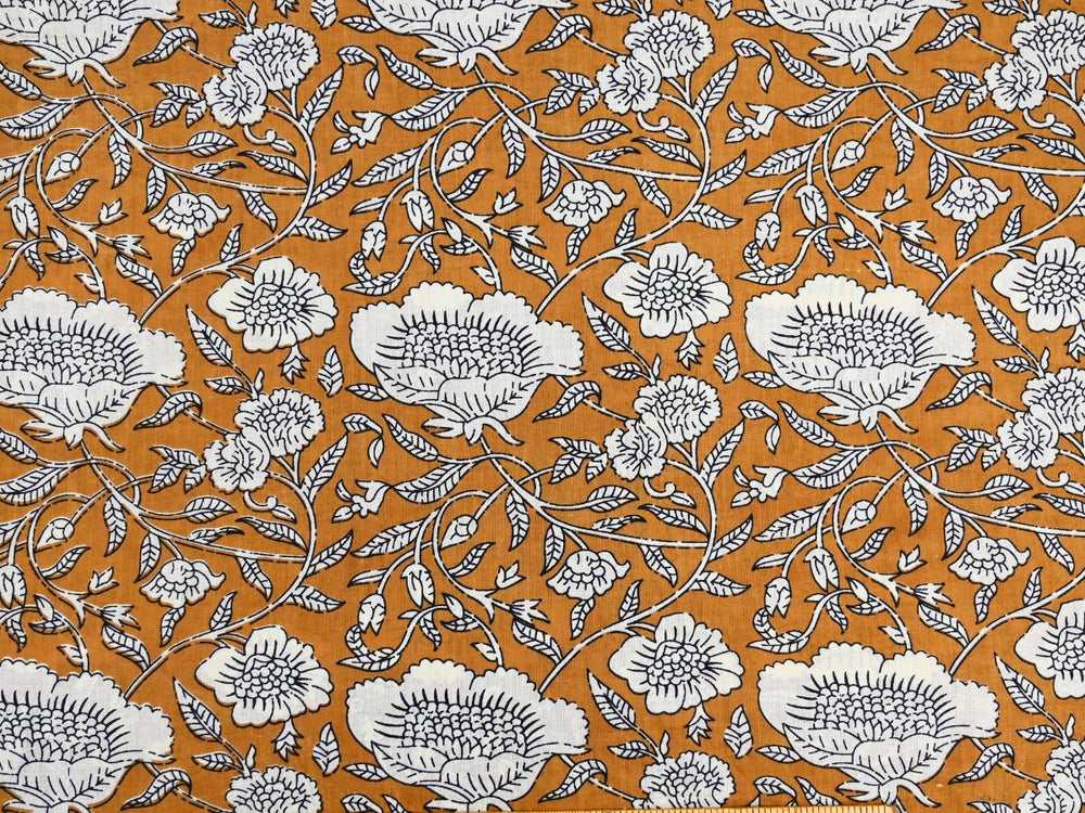 Mustard floral cotton fabric by the yard with white outline wood block print