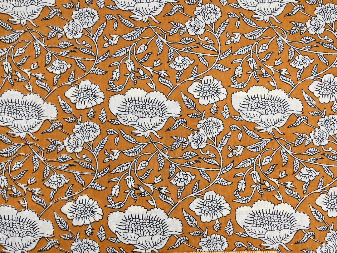 Mustard floral cotton fabric by the yard with white outline wood block print
