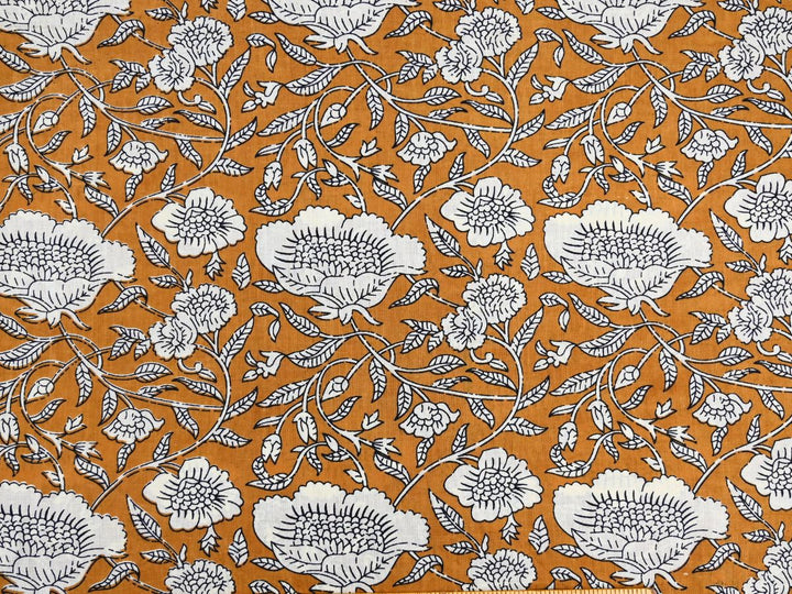 Mustard floral cotton fabric by the yard with white outline wood block print