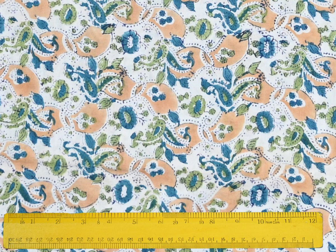 handmade indian cotton textile yardage - traditional floral block print cloth for summer clothing