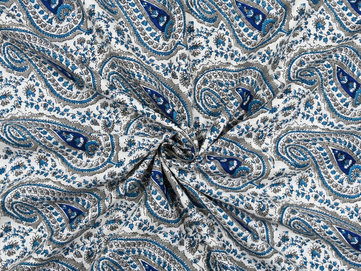 Paisley cotton fabric by the yard with grey and blue block print on white