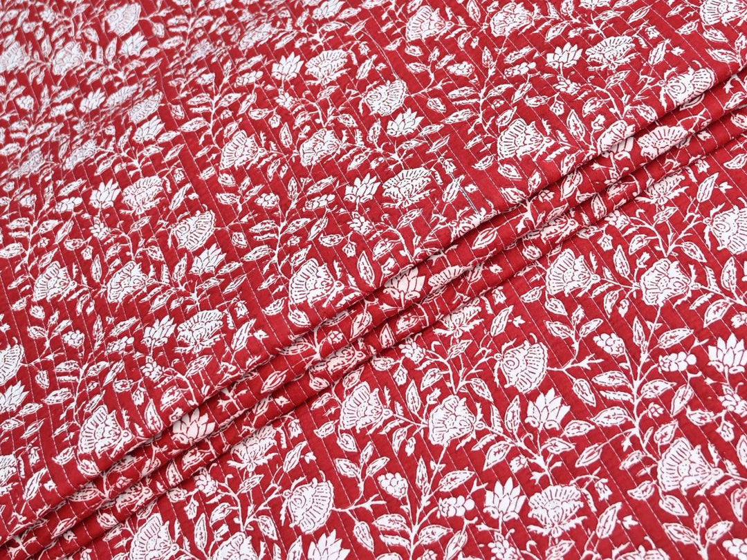 Reversible Quilted Fabric by the Yard | Red Black Floral Cotton | Indolibas