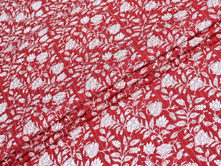 Reversible Quilted Fabric by the Yard | Red Black Floral Cotton | Indolibas