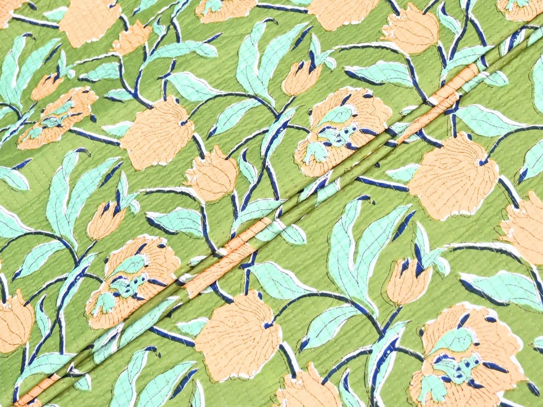 Quilted Jacket Fabric by the Yard | Green Floral Winter Cotton | Indolibas