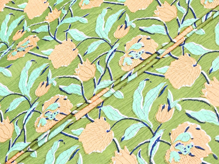 Quilted Jacket Fabric by the Yard | Green Floral Winter Cotton | Indolibas