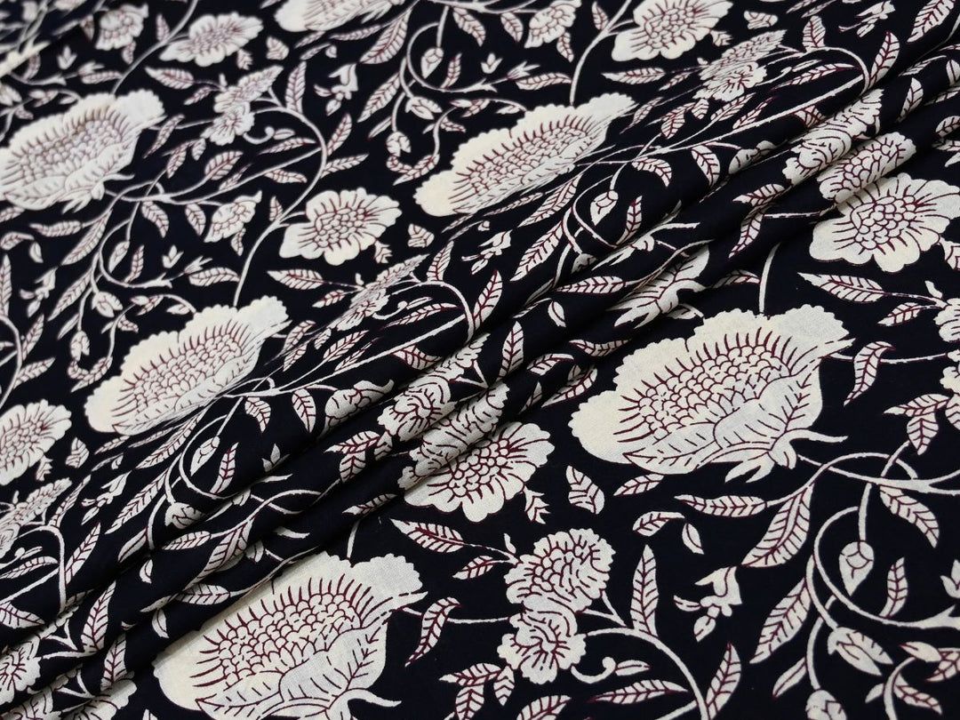 Black Floral Cotton Fabric by the Yard | Boho Hand Block Print | Indolibas
