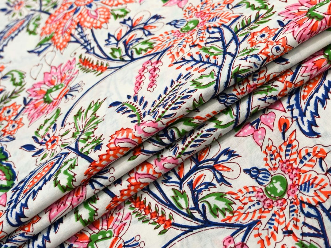 Orange Floral Fabric by the Metre | Indian Block Print for Dressmaking | Indolibas