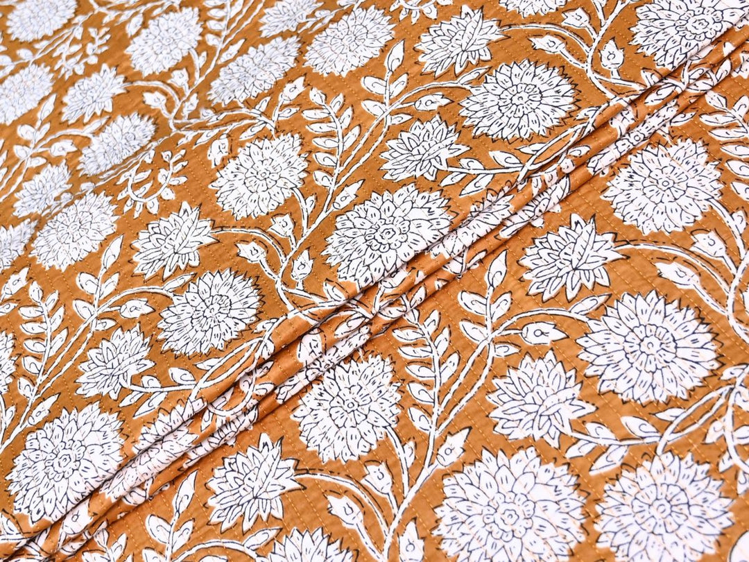 Quilted Cotton Fabric by the Yard | Mustard Floral Quilt Backing | Indolibas