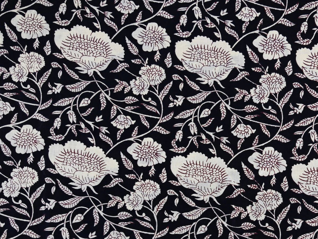 Black floral cotton fabric by the yard with white outline hand block print