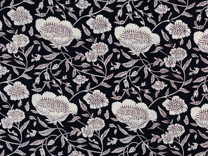 Black floral cotton fabric by the yard with white outline hand block print