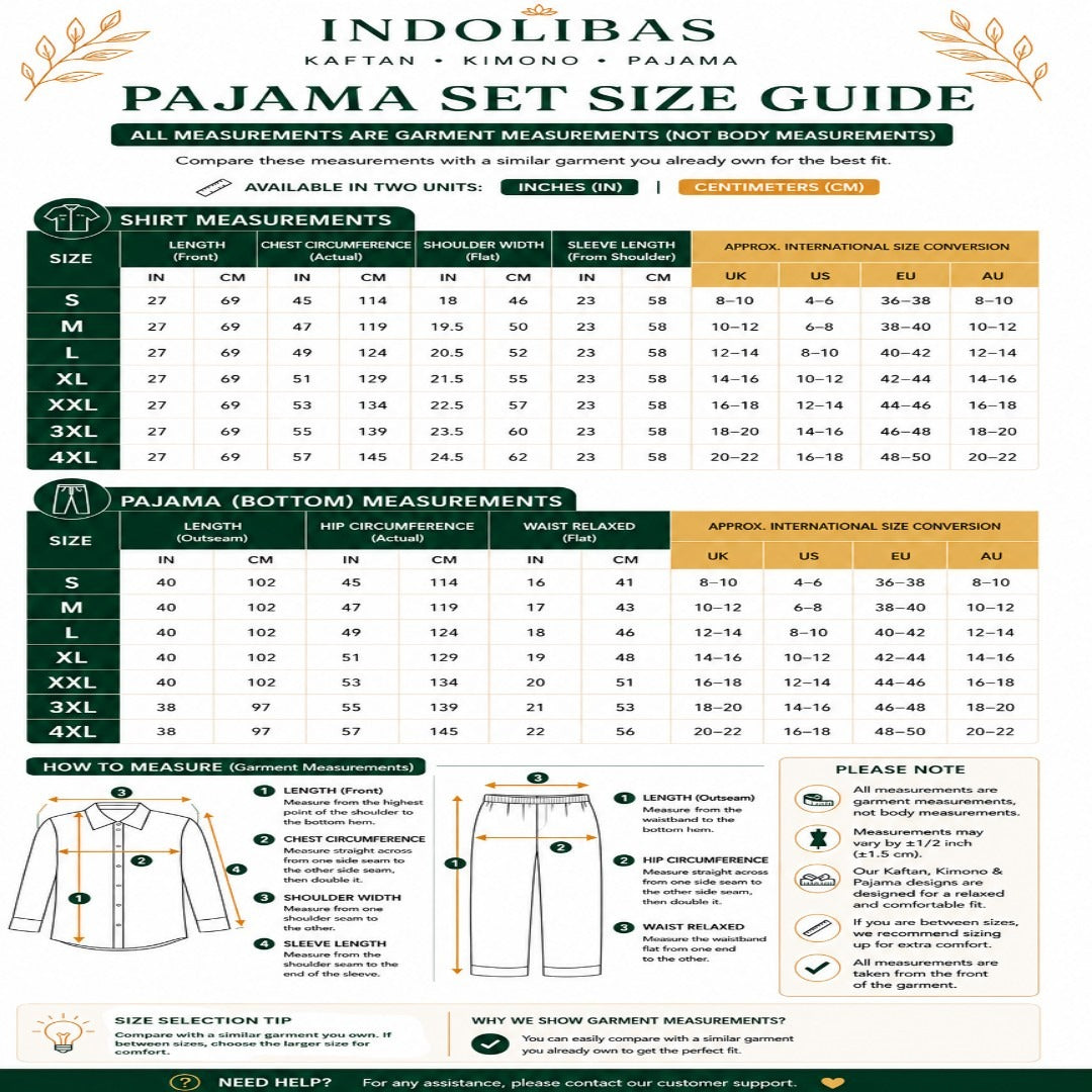 Shop women's cotton pajama sets with confidence using this detailed size guide featuring garment measurements, international size conversion, fit tips, and sizing information for global customers.