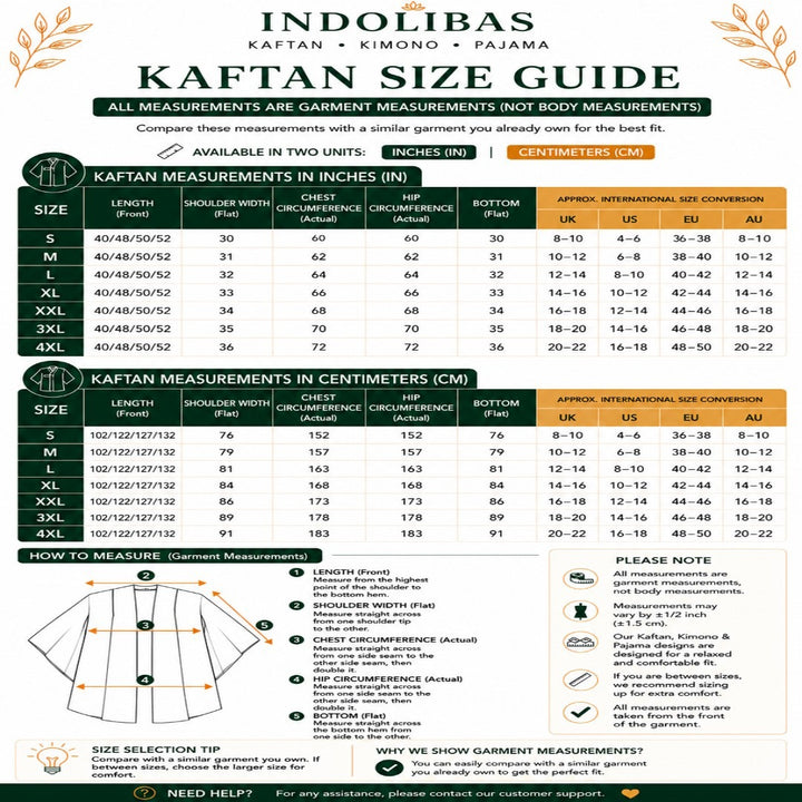 Global Kaftan Size Chart Featuring US, UK, EU, Australian and Canadian Size Equivalents
