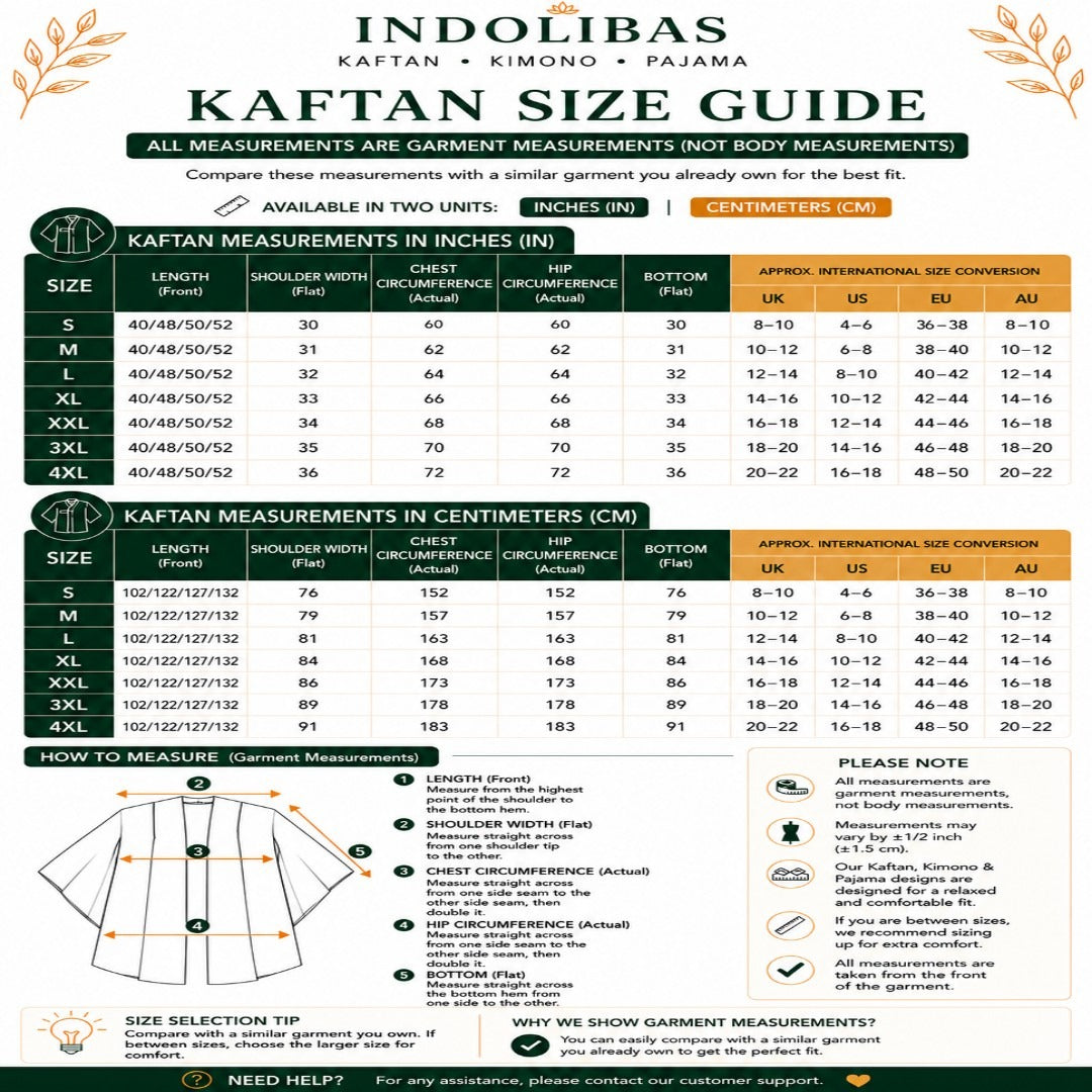 Global Kaftan Size Chart Featuring US, UK, EU, Australian and Canadian Size Equivalents