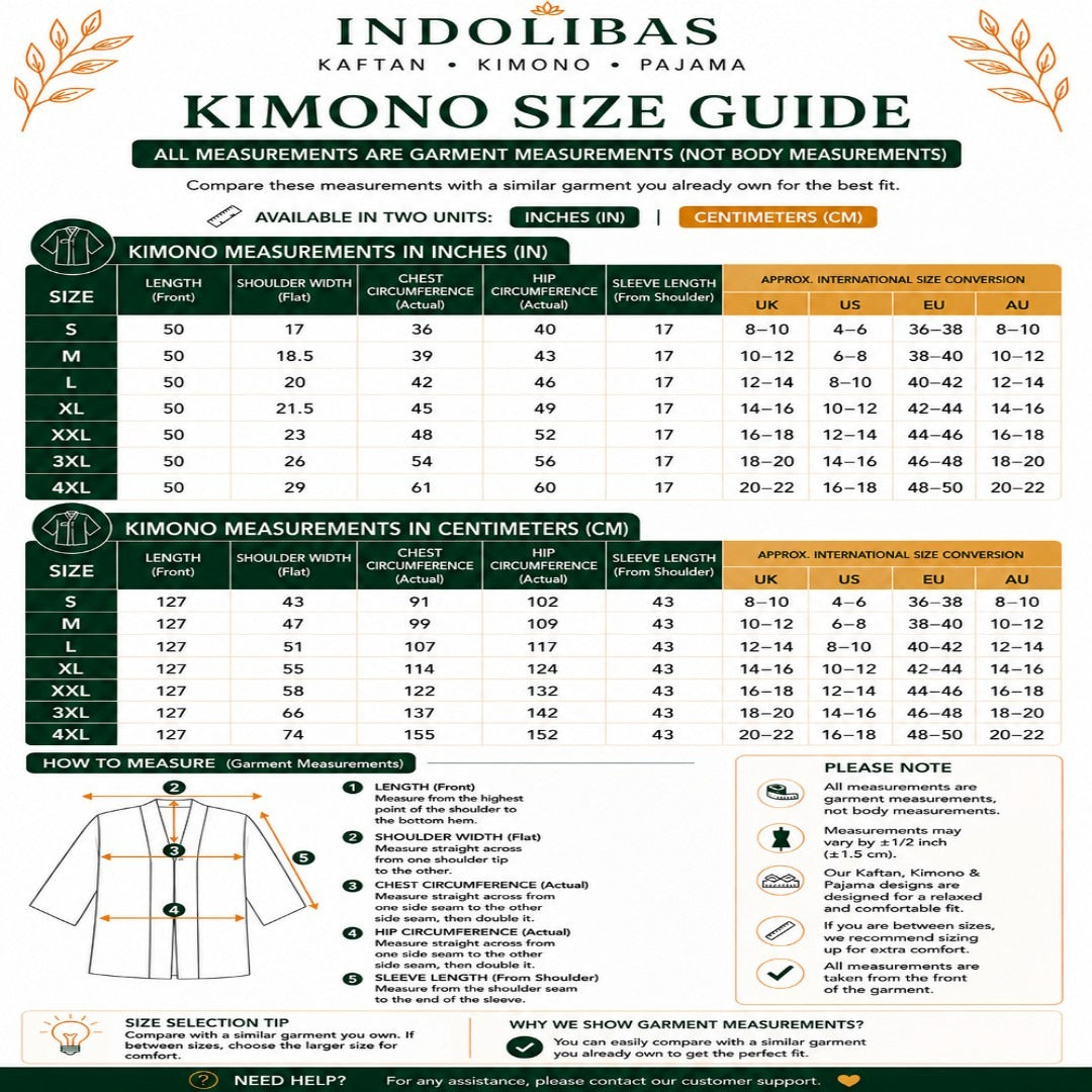 Global Kimono Size Guide with international measurements and size conversion chart for comfortable kimono fitting worldwide.