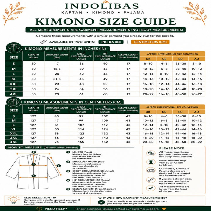Global Kimono Size Guide with international measurements and size conversion chart for comfortable kimono fitting worldwide.
