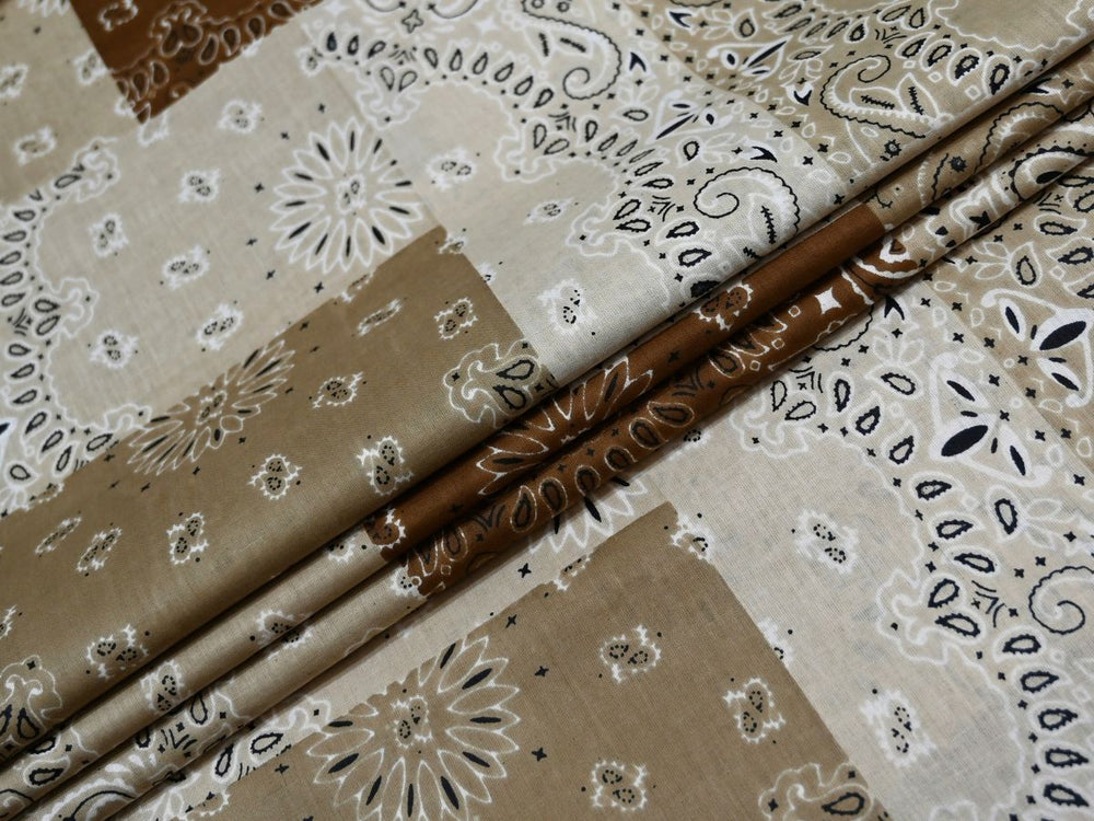 Bandana print fabric by the yard with brown patchwork cotton design