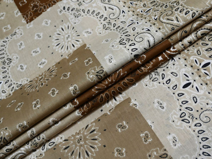 Bandana print fabric by the yard with brown patchwork cotton design