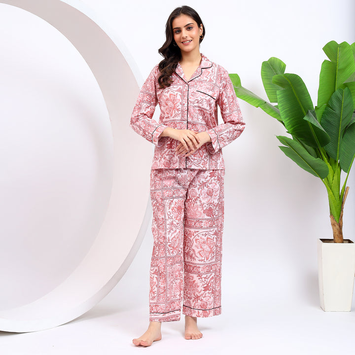 Brownish pink floral print full sleeves PJ set, cozy sleepwear for women, perfect for a comfortable night’s sleep