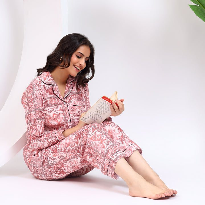 Elegant brownish pink floral print full sleeves PJ set, soft cotton sleepwear for women, ideal for lounging or bedtime.