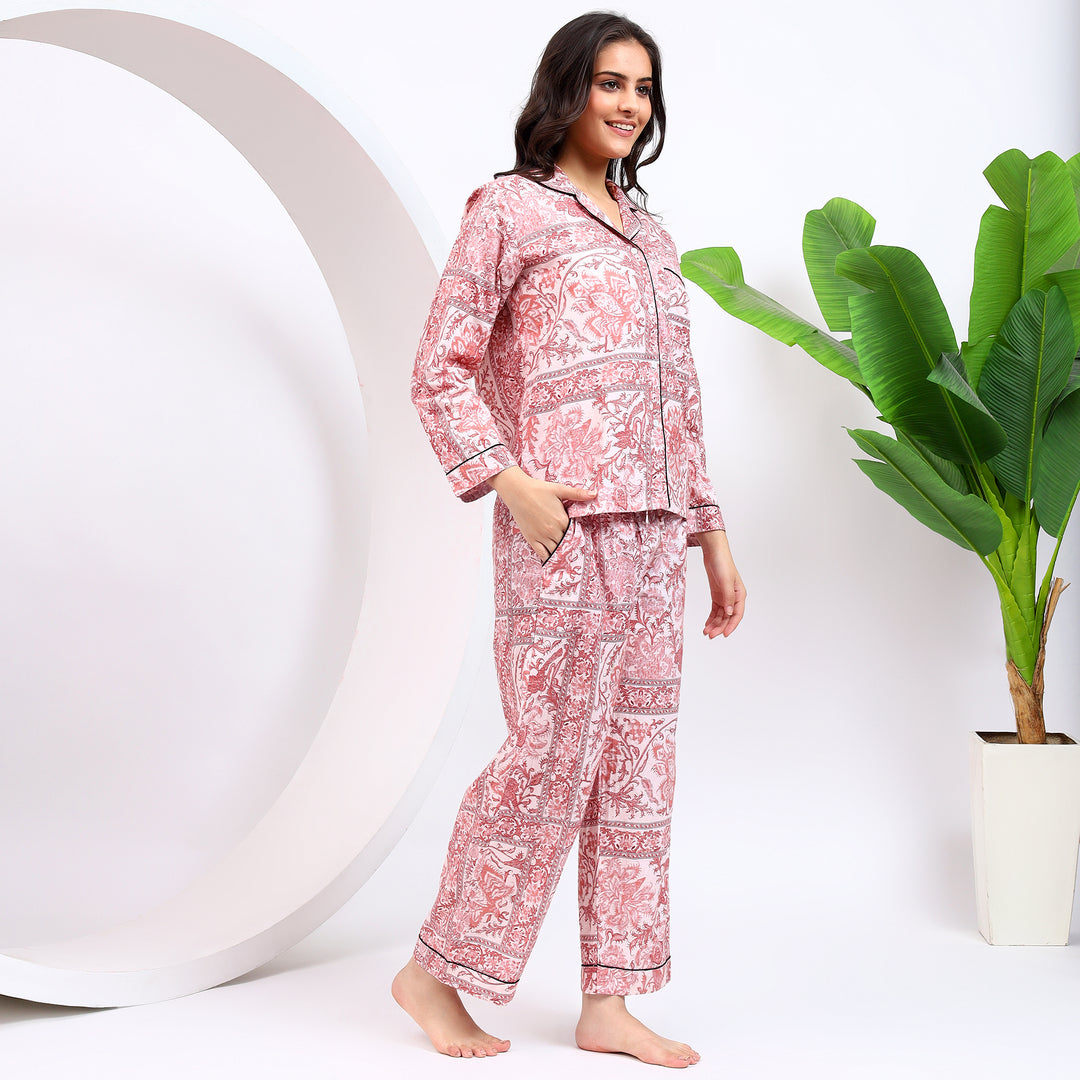 Close-up of brownish pink floral print full sleeves PJ set, showcasing the soft cotton fabric and beautiful floral design for women’s nightwear.