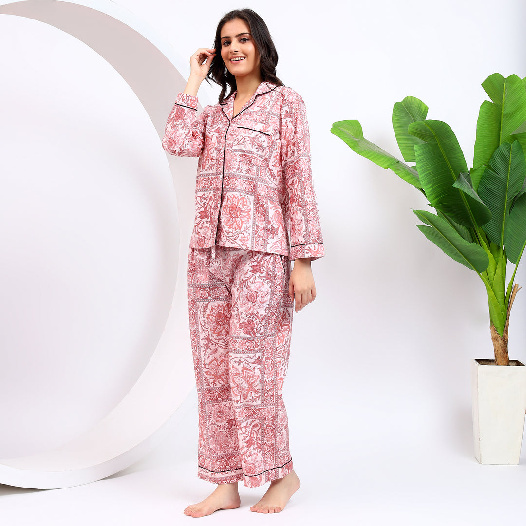 Detailed view of floral design on brownish pink full sleeves PJ set, soft cotton fabric ideal for women’s sleepwear and loungewear.