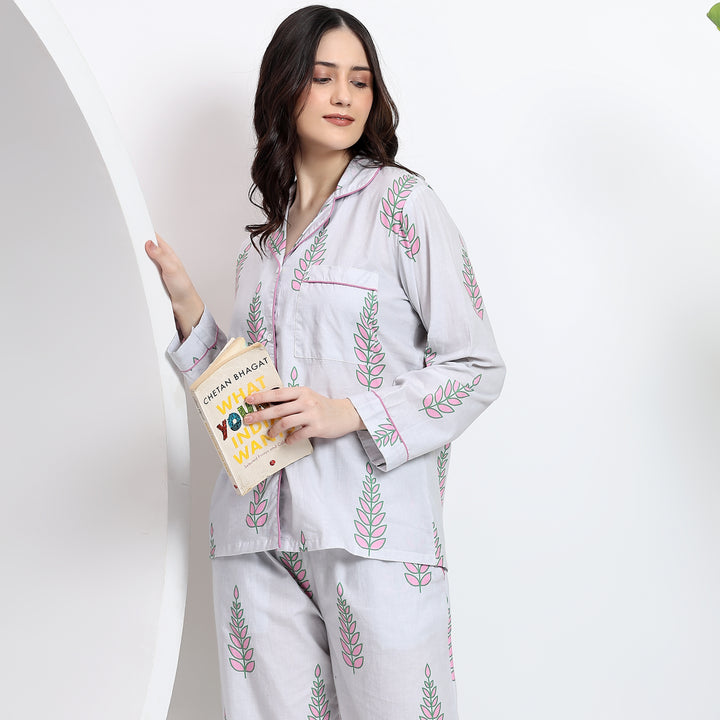 Close-up of front view on white cotton pj set with floral handblock print, ideal for casual wear.