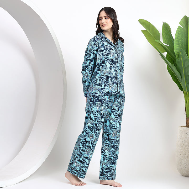 Side view of glacier blue cotton PJ set with side pocket and handblock print design for stylish loungewear