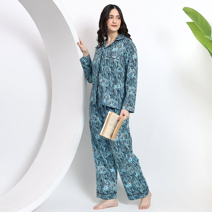 Side view of glacier blue cotton pajama set highlighting side pocket design for added convenience and comfort.