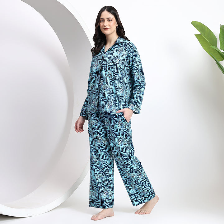 Full view of glacier blue cotton pajama set, featuring handblock print, top pocket, and side pocket for ultimate comfort.