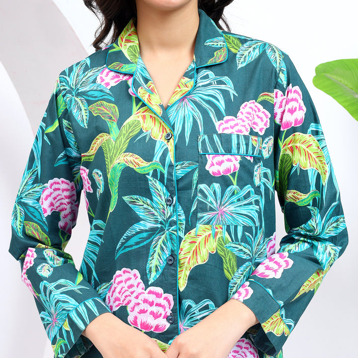 Close-up of lapel collar and floral print details on Green Floral Print PJ Set.