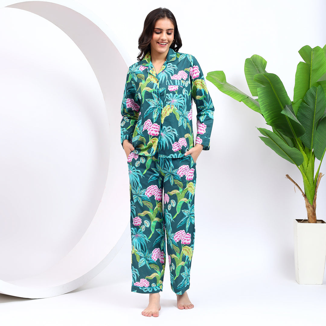 Front view of Green Floral Print PJ Set for women in 100% cotton fabric.