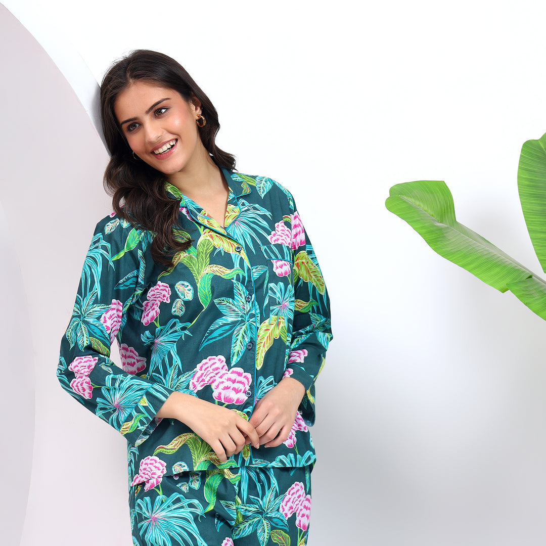 Styling angle of Green Floral Print PJ Set in breathable cotton fabric.