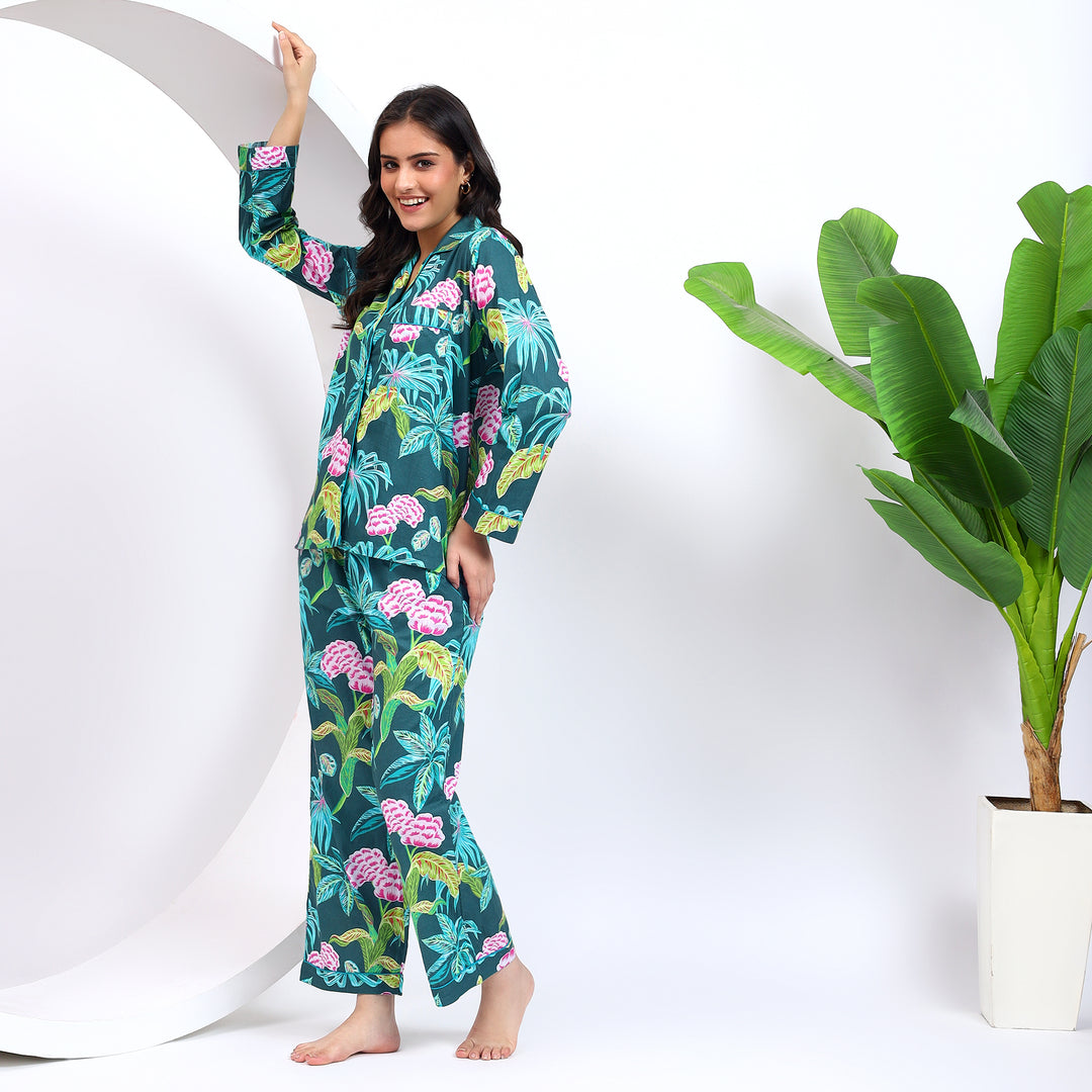 Styling angle of Green Floral Print PJ Set in breathable cotton fabric.