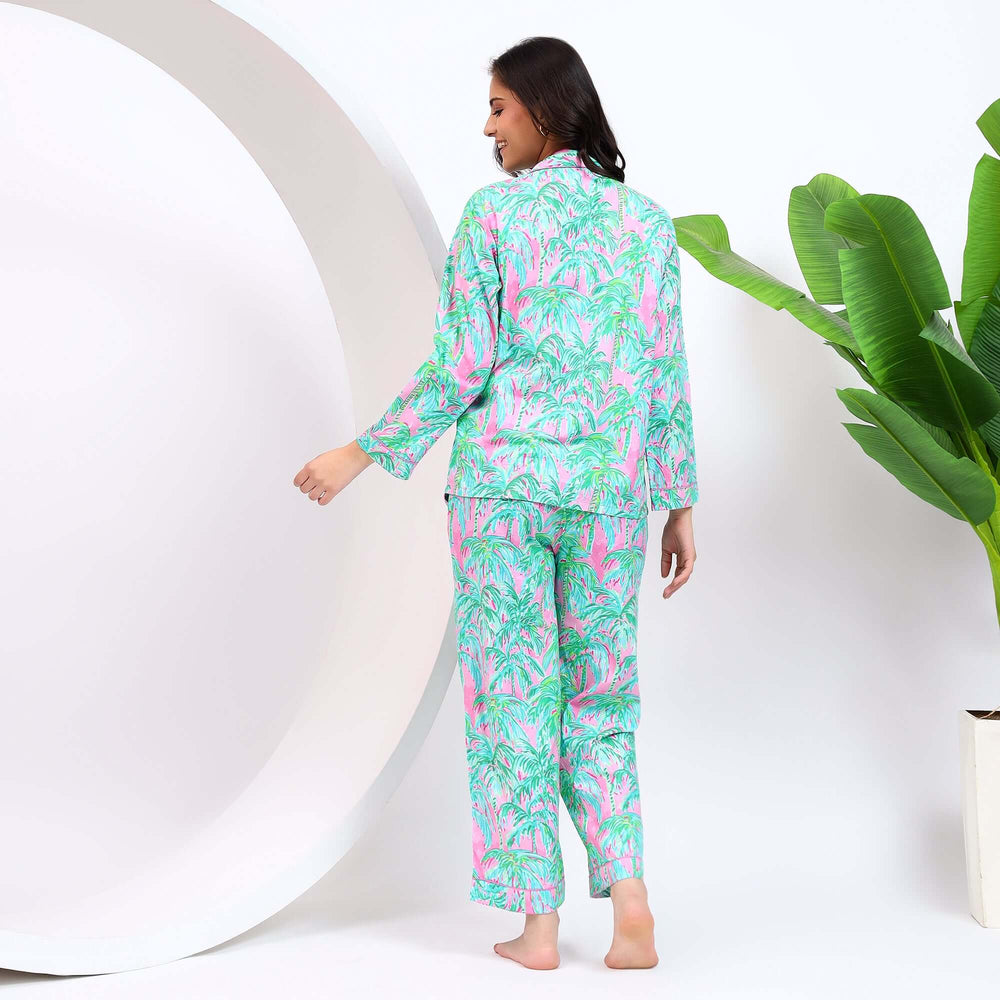 Palm tree print cotton pajama set for women