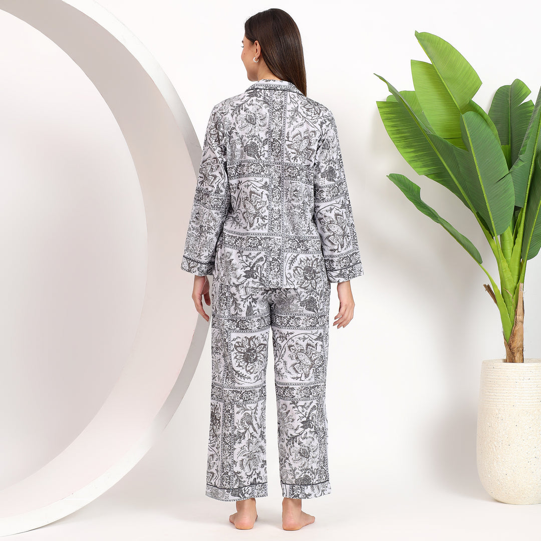 Back view of off-white floral Long PJ Set with handblock print.