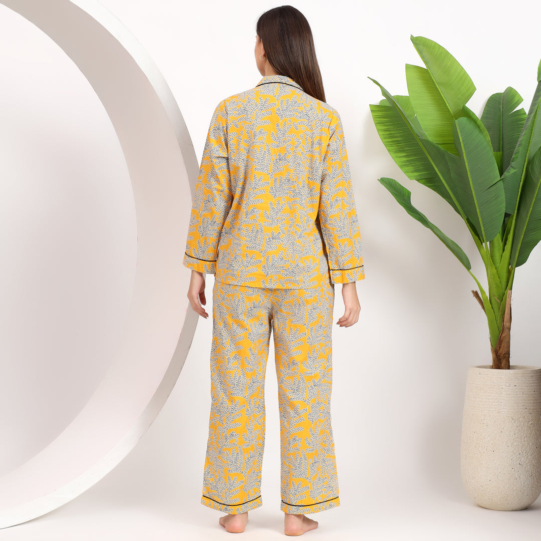 Back view of yellow floral Long PJ Set with handblock print.