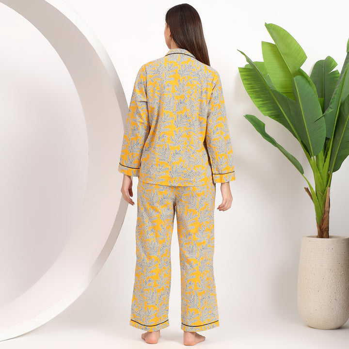 Back view of yellow floral Long PJ Set with handblock print.