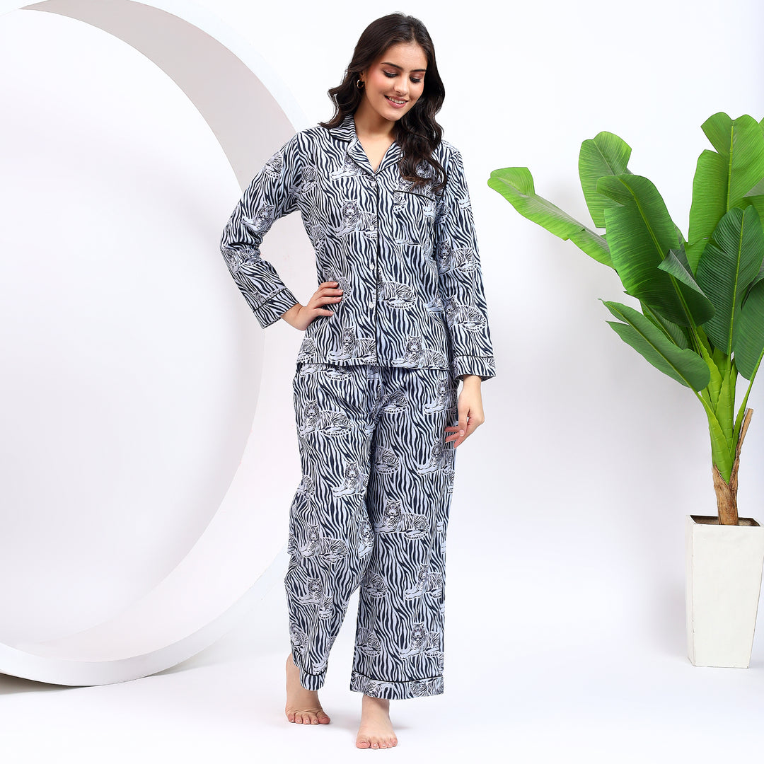 Front view of Long PJ Set in Bagheera Print with lapel collar.