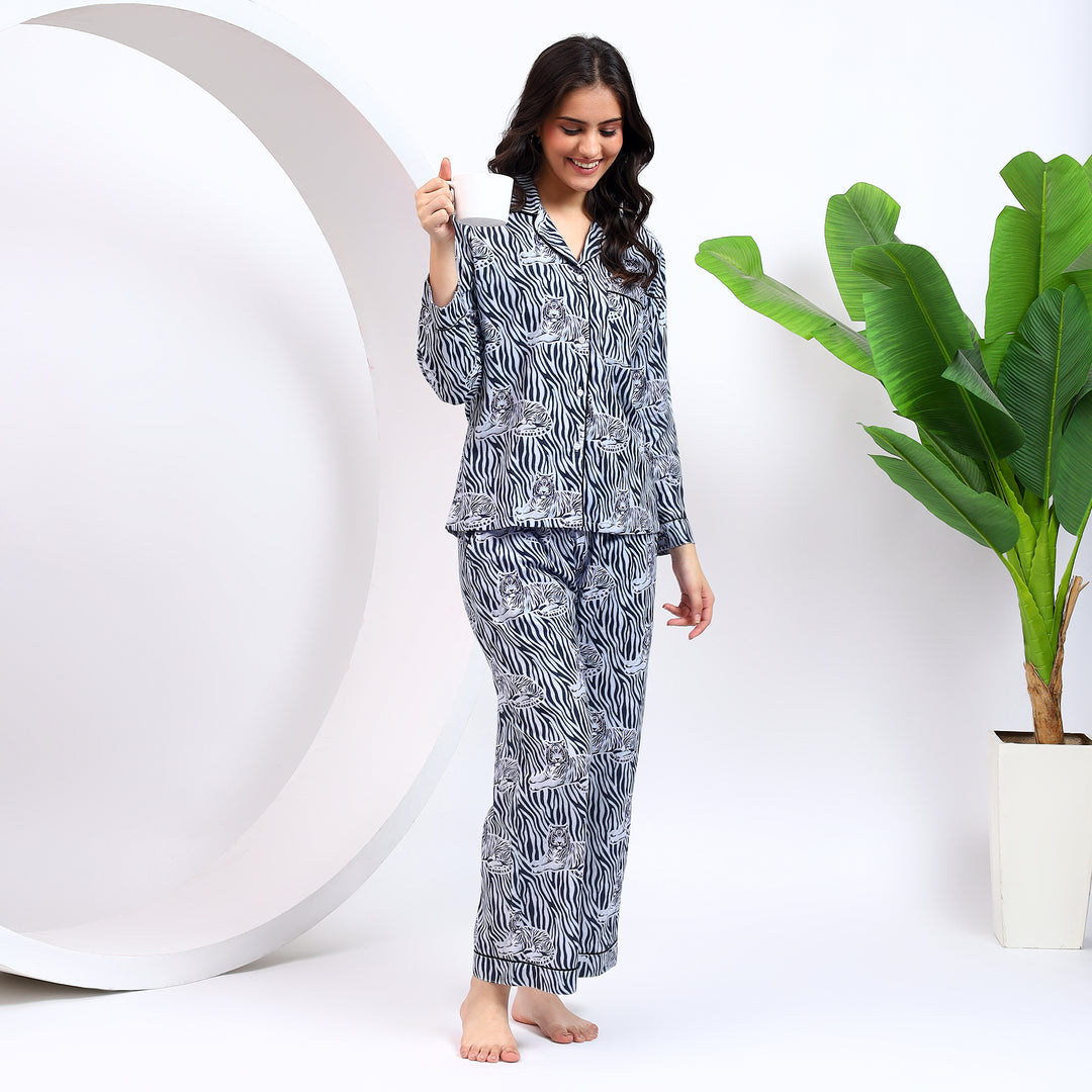 Styling angle of Long PJ Set in Bagheera Print for women.