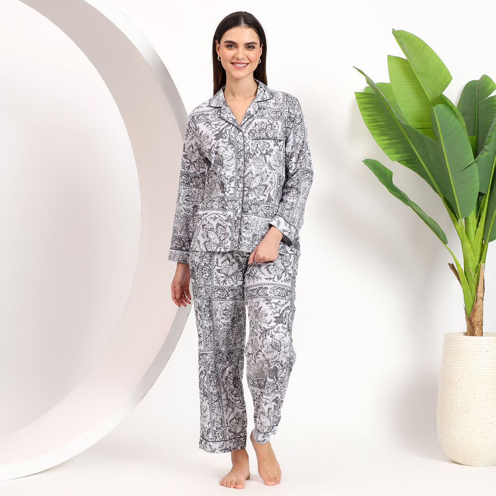 Front view of off-white floral Long PJ Set with lapel collar.