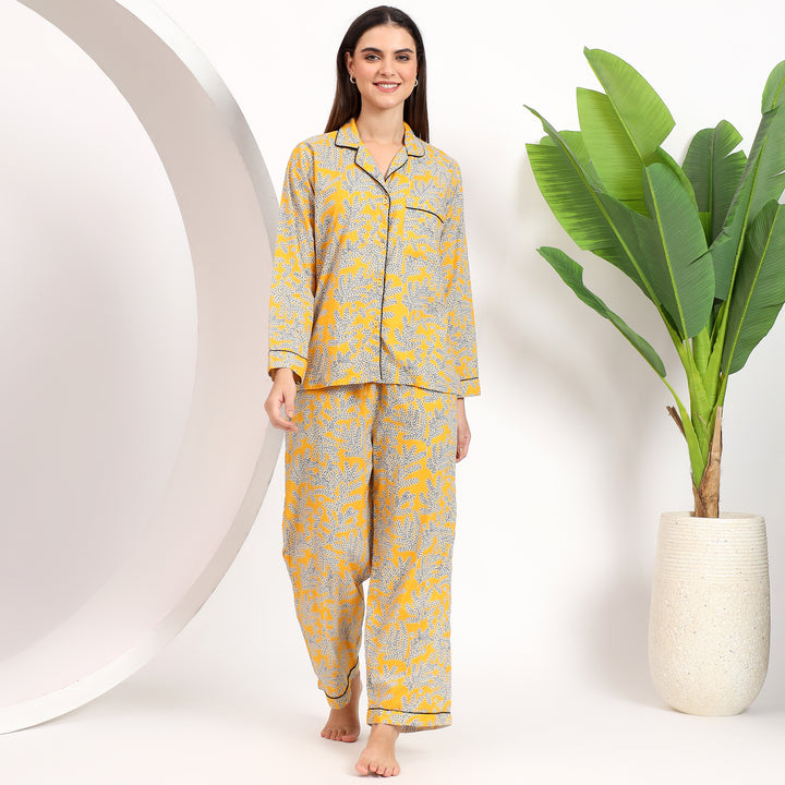 Front view of yellow floral Long PJ Set with lapel collar.