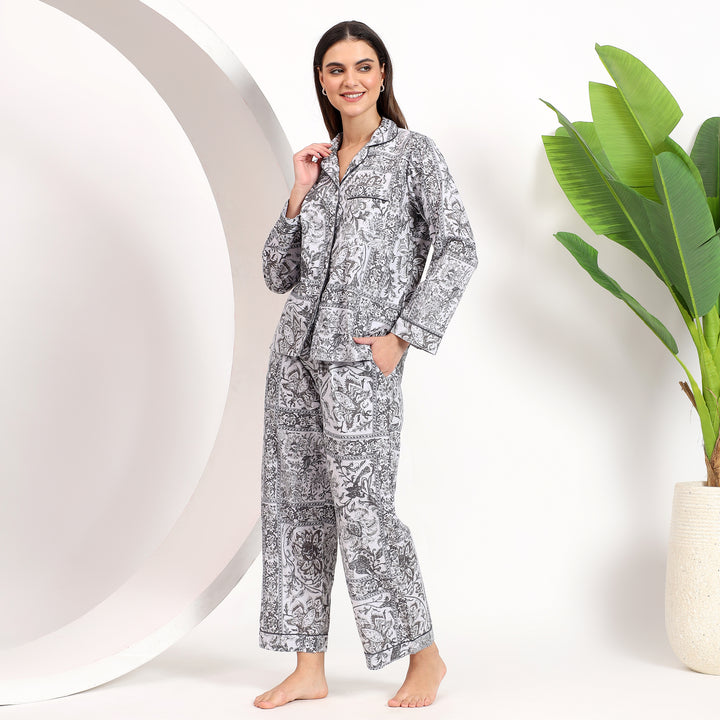 Side view of off-white floral Long PJ Set with hand in pocket, highlighting practical design.