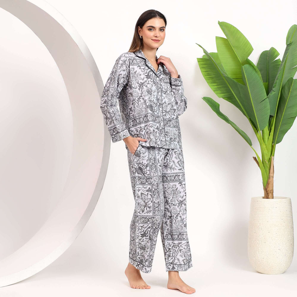 Floral long cotton pajama set for women