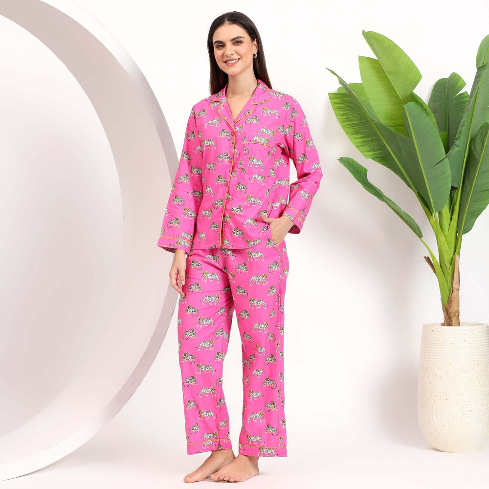 Animal print cotton pajama set for women