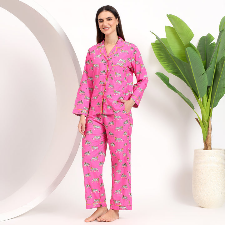 Side pocket view of pink cotton pajama set with tiger print, perfect for functional and fashionable loungewear.